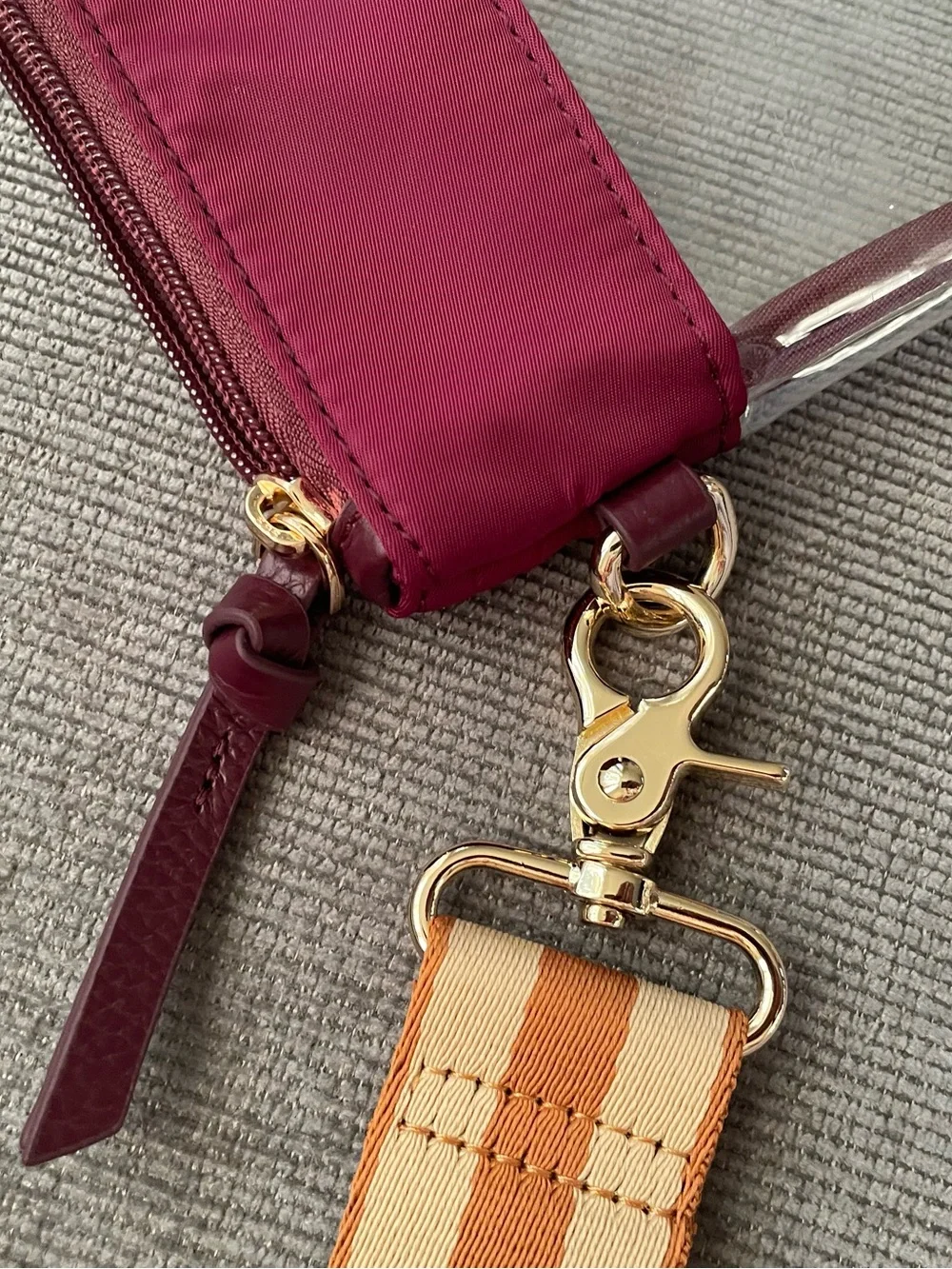 Austin / Flower Burgundy Clear Crossbody Bag with Striped Tan Strap